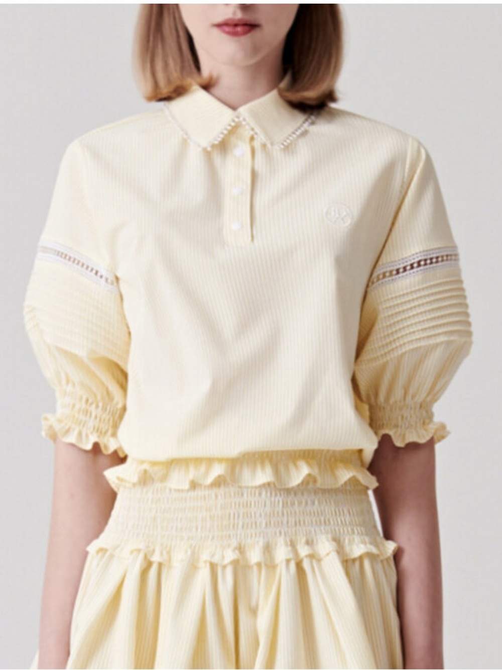 UTAA Lace Stripe Shirring Blouse Butter Yellow Striped Golf Top Ruffle Hem Small